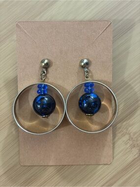Blue Cobalt Handmade Bead Hoop Dangle Earrings